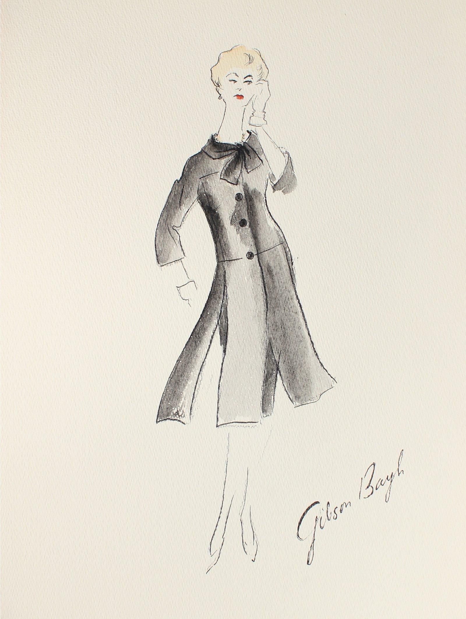 Gibson Bayh Still-Life - Black Skirt Suit Gouache & Ink Fashion Illustration