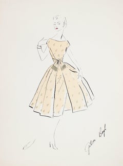 Vintage Yellow Teacup Dress Gouache & Ink Fashion Illustration