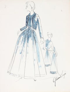 Vintage Belted Navy Blue Dress Gouache & Ink Fashion Illustration
