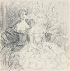 Vintage Drawing of Two Society Ladies 1940-50s Graphite