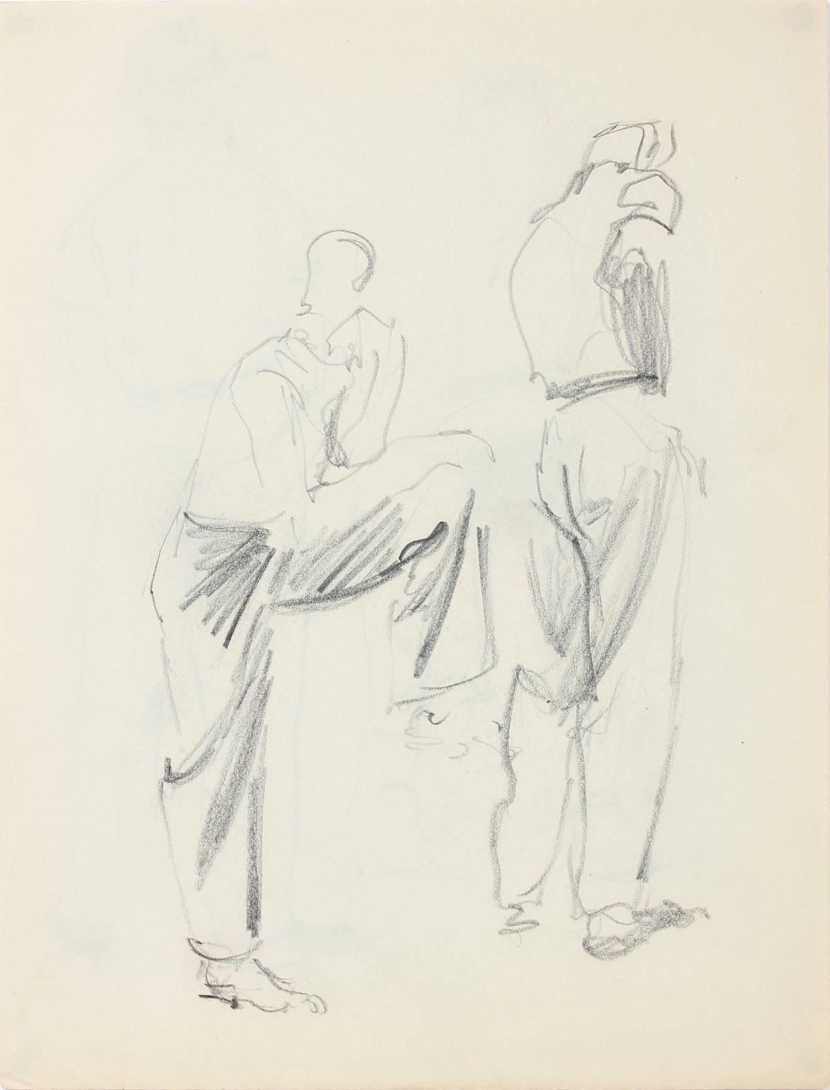 Double-Sided Stylized Sketch of Two Male Figures 1940-50s Graphite