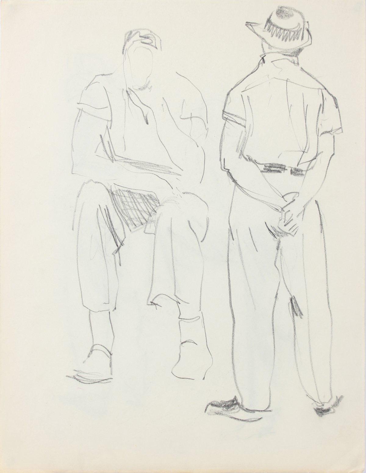 Double-Sided Stylized Sketch of Two Male Figures 1940-50s Graphite - Art by Richard Caldwell Brewer