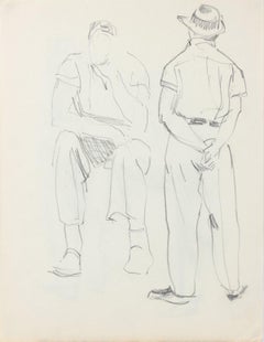 Double-Sided Stylized Sketch of Two Male Figures 1940-50s Graphite