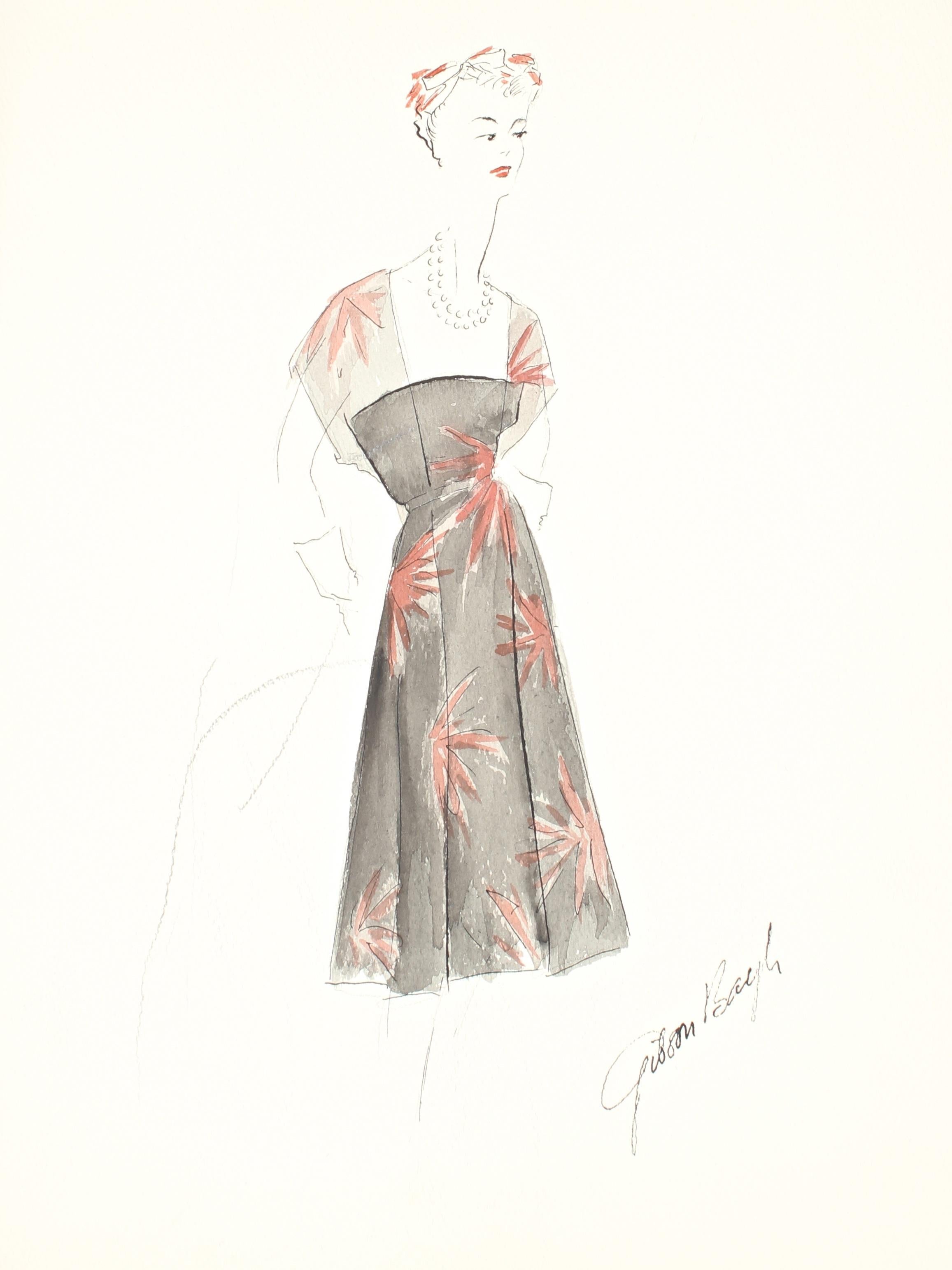 Gibson Bayh Still-Life - Vintage Floral Patterned Dress Gouache & Ink Fashion Illustration