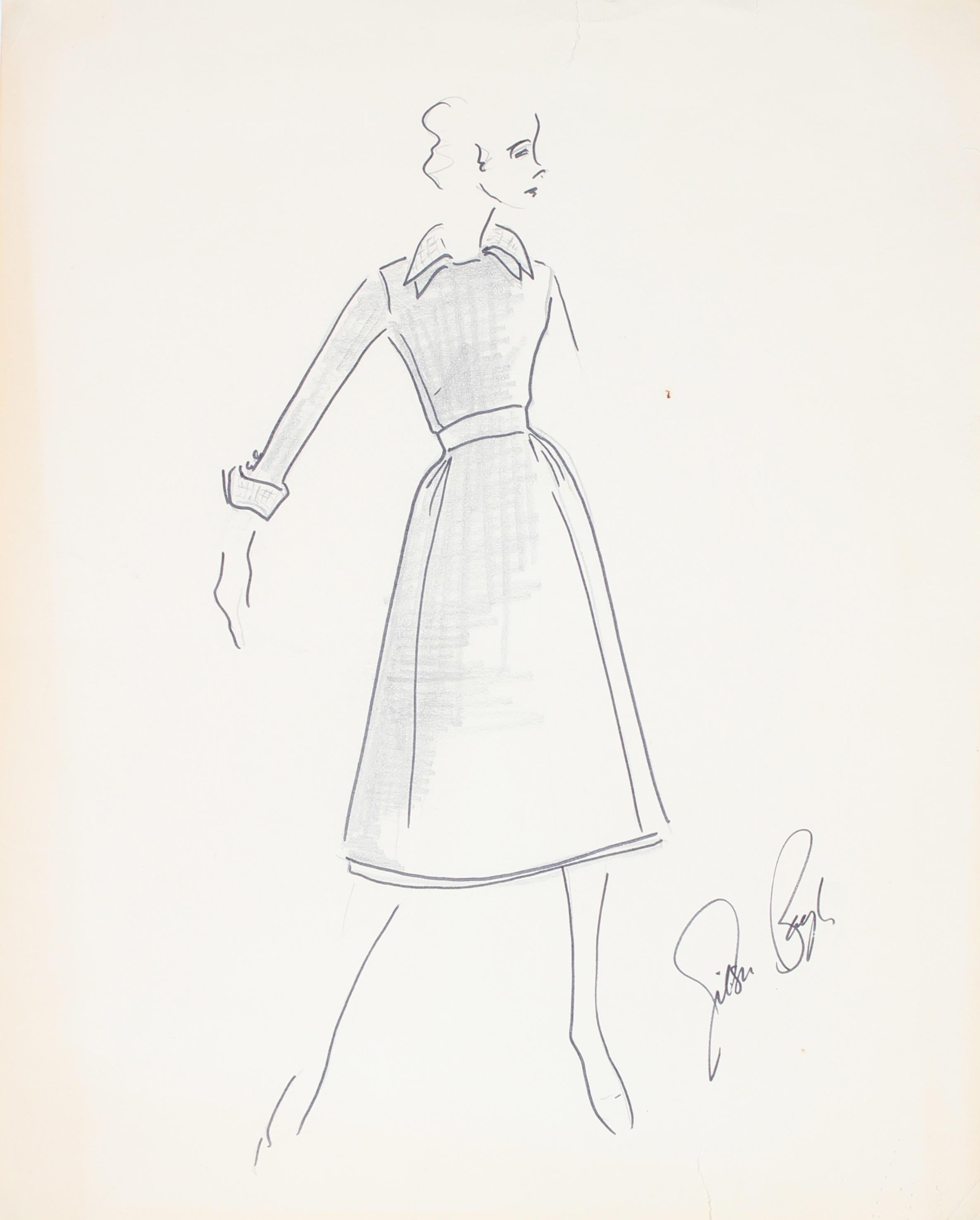 Gibson Bayh Figurative Art - Fashion Illustration in Black, Ink and Gouache Drawing, 1950s