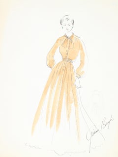 Vintage Fashion Illustration in Yellow, Ink and Gouache Drawing, 1950s