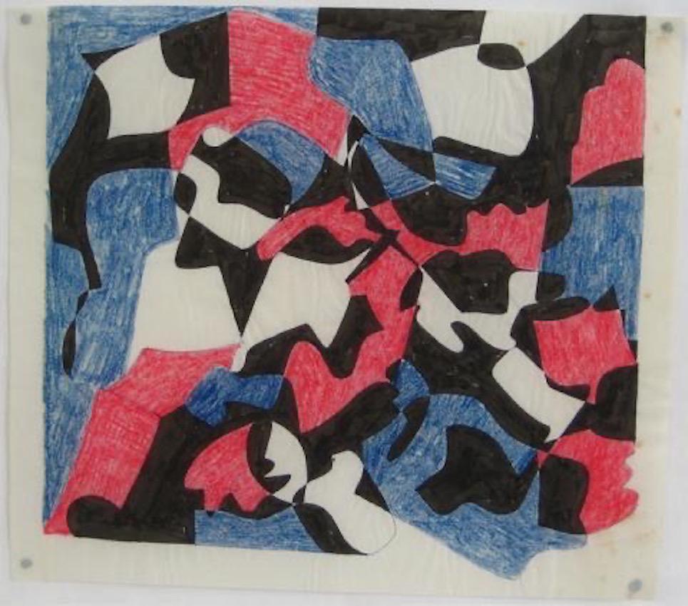 Dellard Cassity Abstract Drawing - Red & Blue Geometric Study 1970s Ink & Colored Pencil