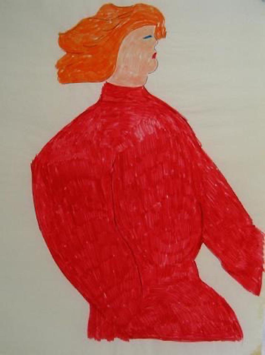 Dellard Cassity Figurative Art - Redhead in a Red Sweater 1970s Felt Marker