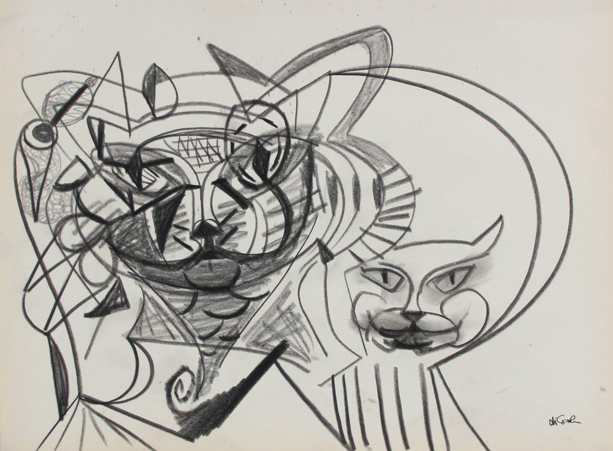 Michael di Cosola Abstract Drawing - Surreal Abstracted Cat Faces Late 20th Century Graphite