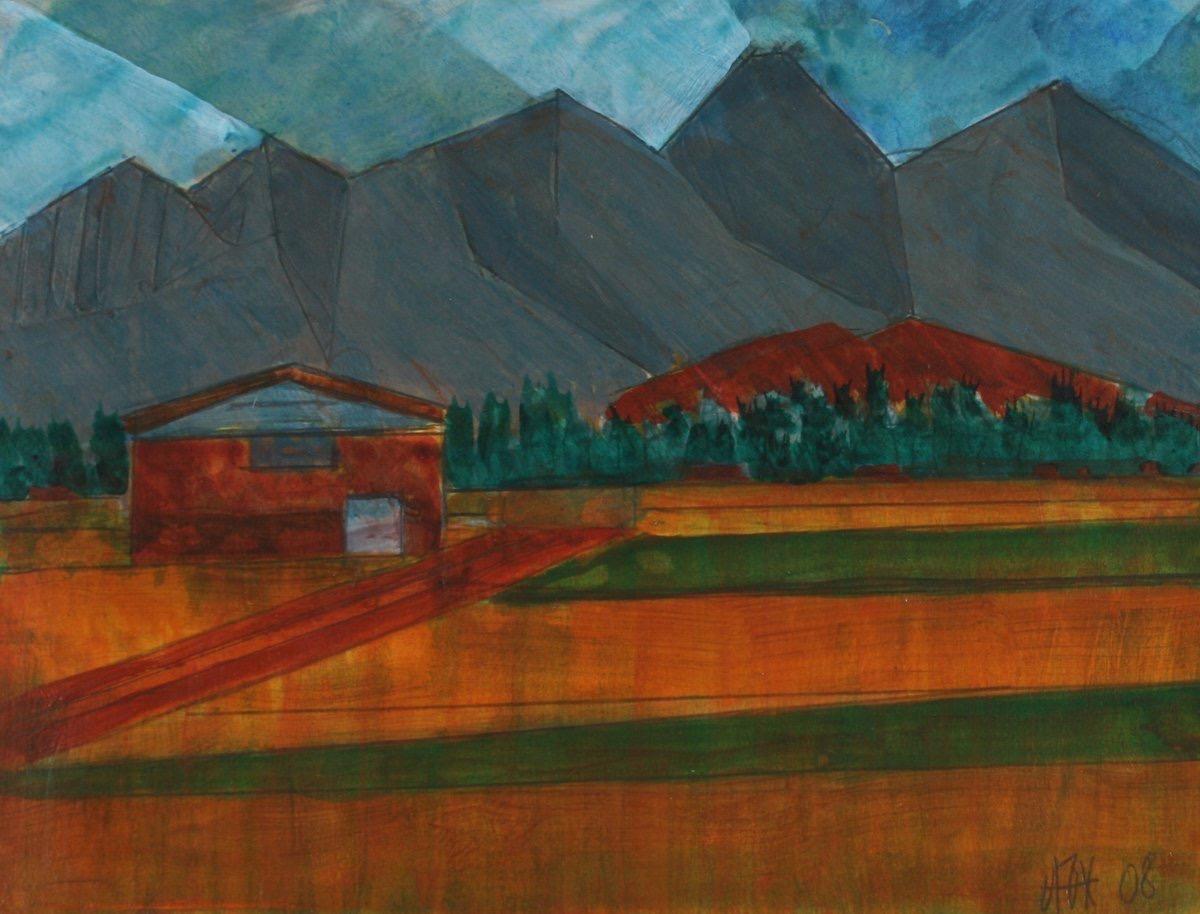 Dave Fox Landscape Art - "Sawtooth Mountain" 2008 Acrylic & Graphite in Burnt Orange