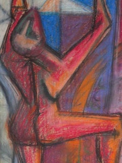 Vivid Cubist Figure 1960s Pastel Scene