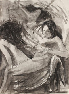Modernist Seated Female Nude Model 1971 Charcoal and Ink
