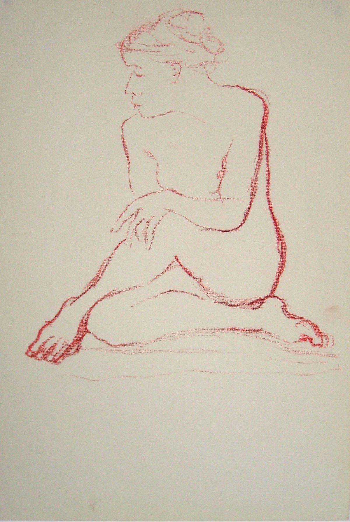 Nude in Contemplation Oil Pastel, 1950-60s - Art by Anne Granick