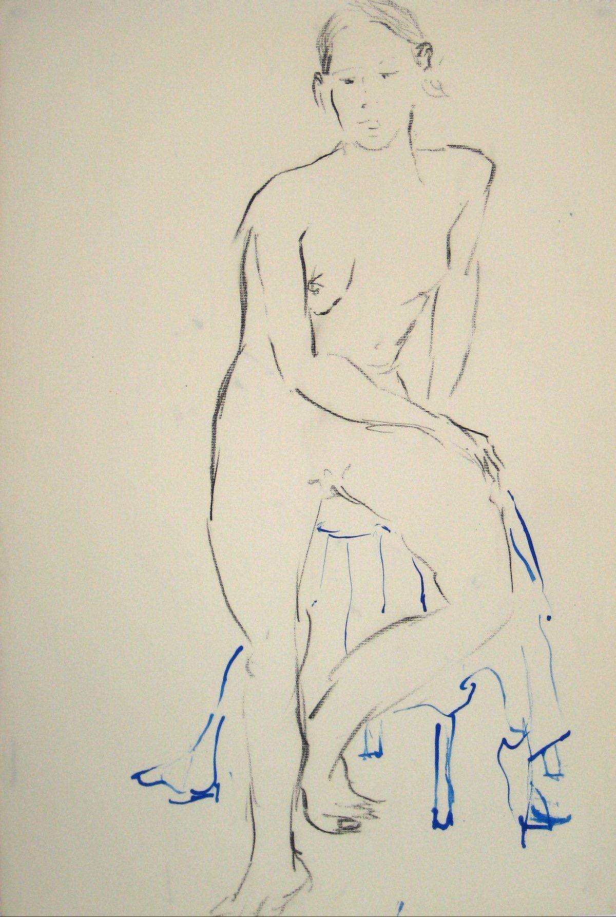 Anne Granick Figurative Art - Seated Nude Study Oil Pastel & Ink 1950-60s