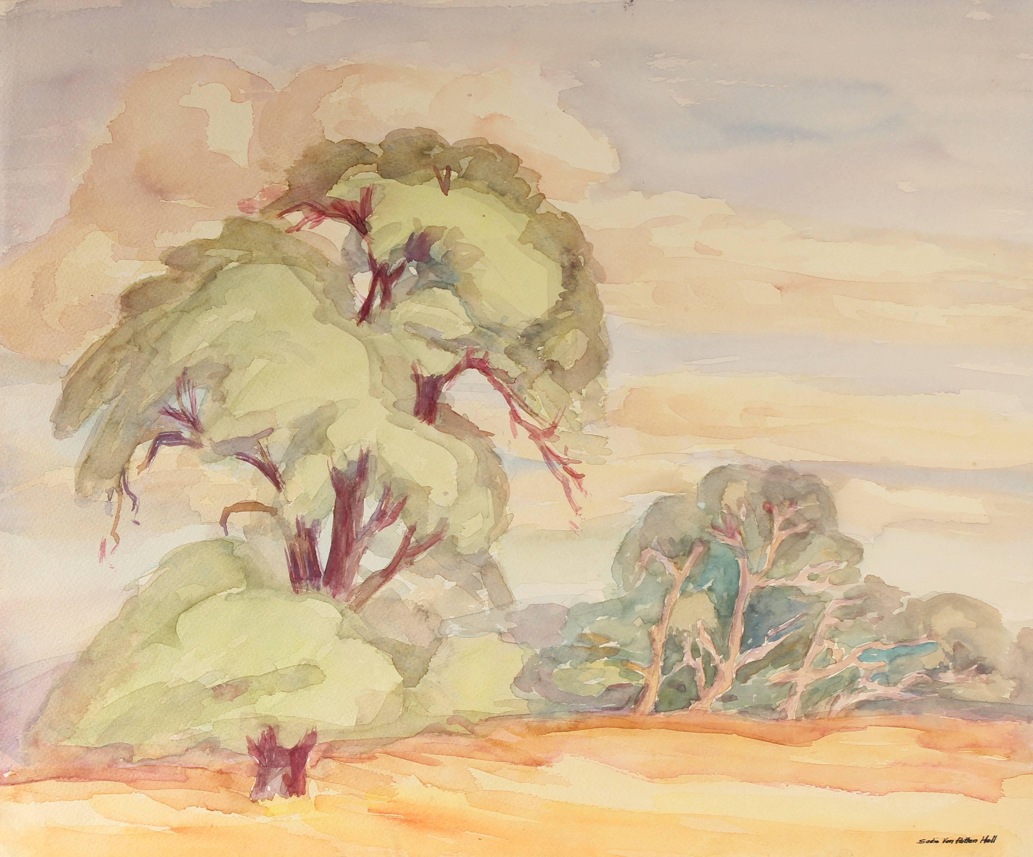 Sadie Van Patten Hall Landscape Art - Eucalyptus Tree Watercolor Mid Century California