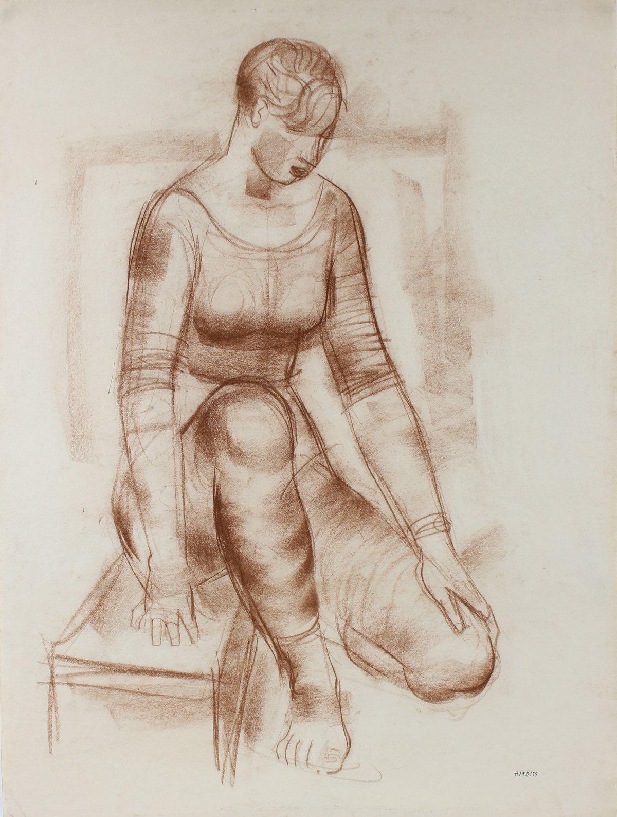 Sepia Seated Woman Early-Mid Century Pastel