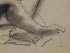 Cross-Legged Female Nude Early-Mid Century Charcoal Drawing