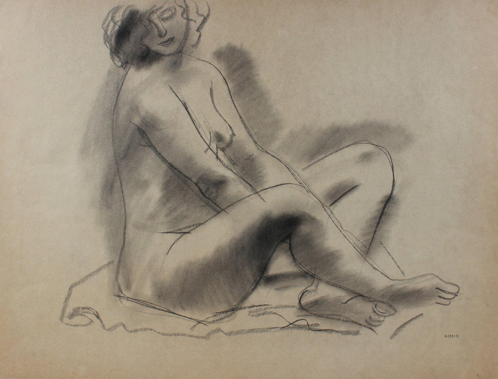 Cross-Legged Female Nude Early-Mid Century Charcoal Drawing - Art by Forrest Hibbits