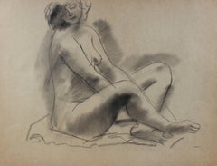 Vintage Cross-Legged Female Nude Early-Mid Century Charcoal Drawing