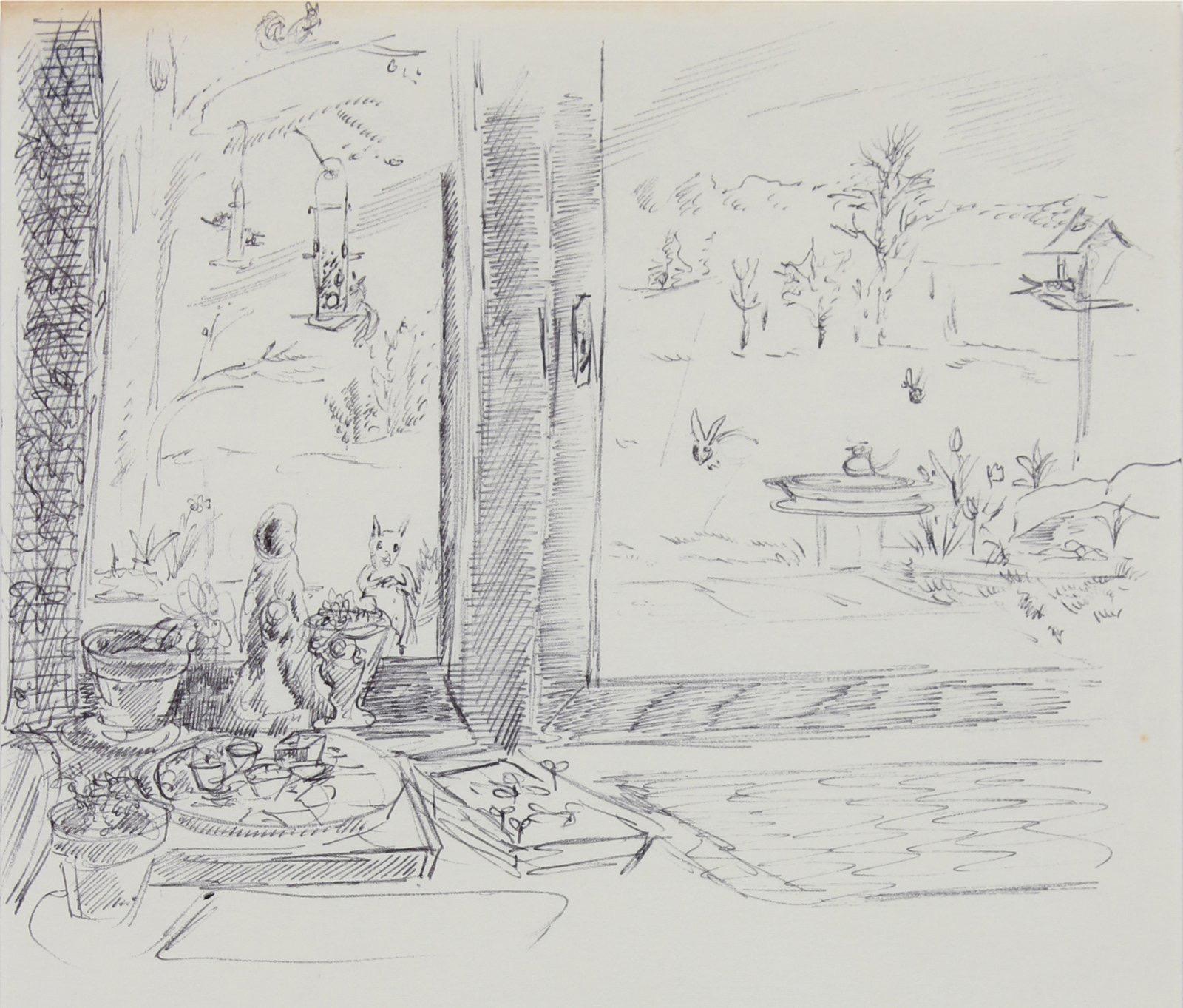 Barbara Rogers Houseworth Still-Life - Backyard Windowsill Still Life 1940-60s Ink
