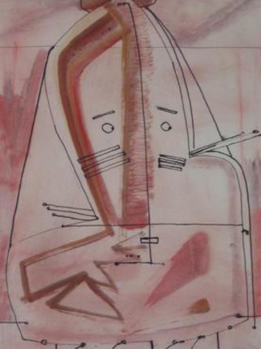 Pink Surrealist Face 1967 Oil & Ink - Art by Santos Rene Irizarry