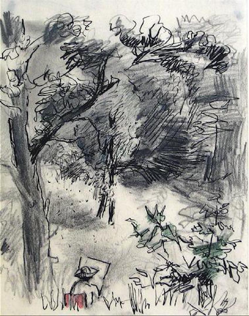 Saul Lishinsky Landscape Art - Artist in the Park with Easel 1940-60s Colored Pencil & Graphite Drawing