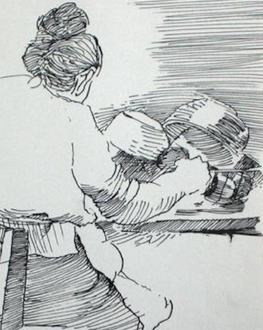 Woman in the Kitchen Modernist Ink Drawing 1940-60s - Art by Saul Lishinsky