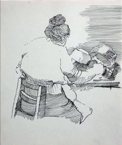 Used Woman in the Kitchen Modernist Ink Drawing 1940-60s