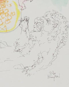 Colorful Abstract Forms with Lion 1960-80s Ink Drawing