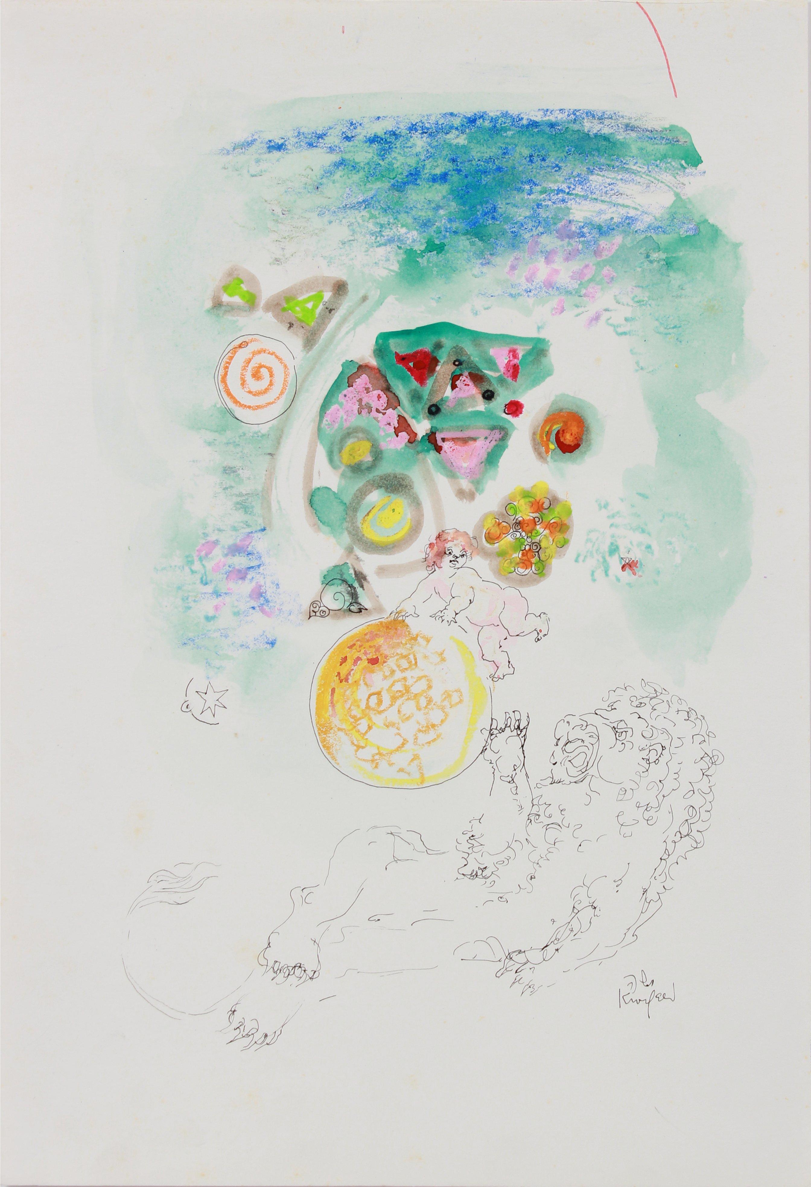 Abstract Drawing de Morris Kronfeld - Formas abstractas de colores con león Dibujo a tinta de los años 60-80
