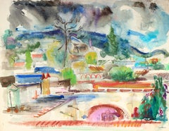 Vibrant Abstracted City Scene Mid Century Watercolor