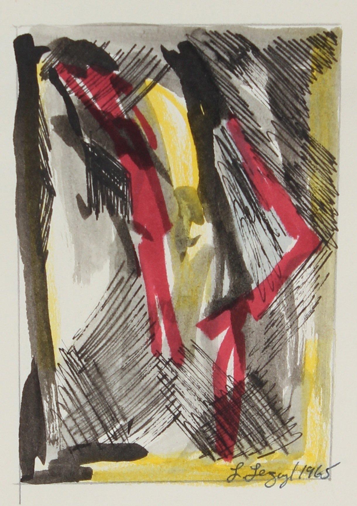 Laura Lengyel Abstract Drawing - Yellow and Red Abstract 1965 Ink and Gouache