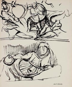 Abstracted Figure Scene Black and White Ink Mid Century