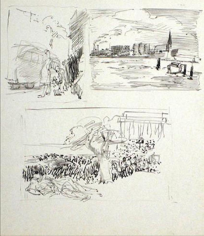 Trio of Sketchbook Studies Ink Drawing 1940-60s