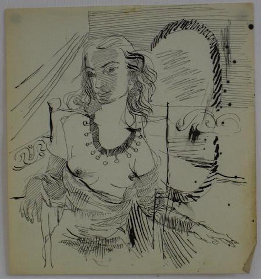 Saul Lishinsky Portrait - Woman at a Mirror Mid Century Ink Drawing 