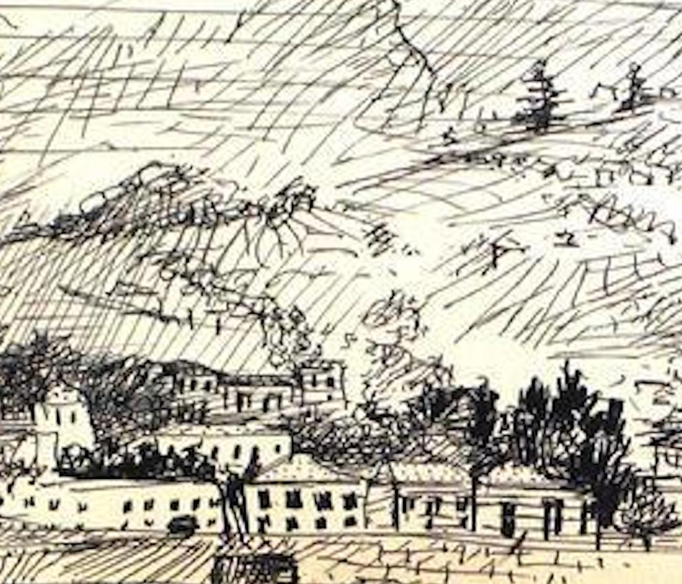 Black and White Hillside Drawing Ink on Paper 1940-60s  - Art by Saul Lishinsky