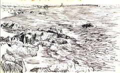 Black and White Expressive Coastal Scene in Ink 1940-60s