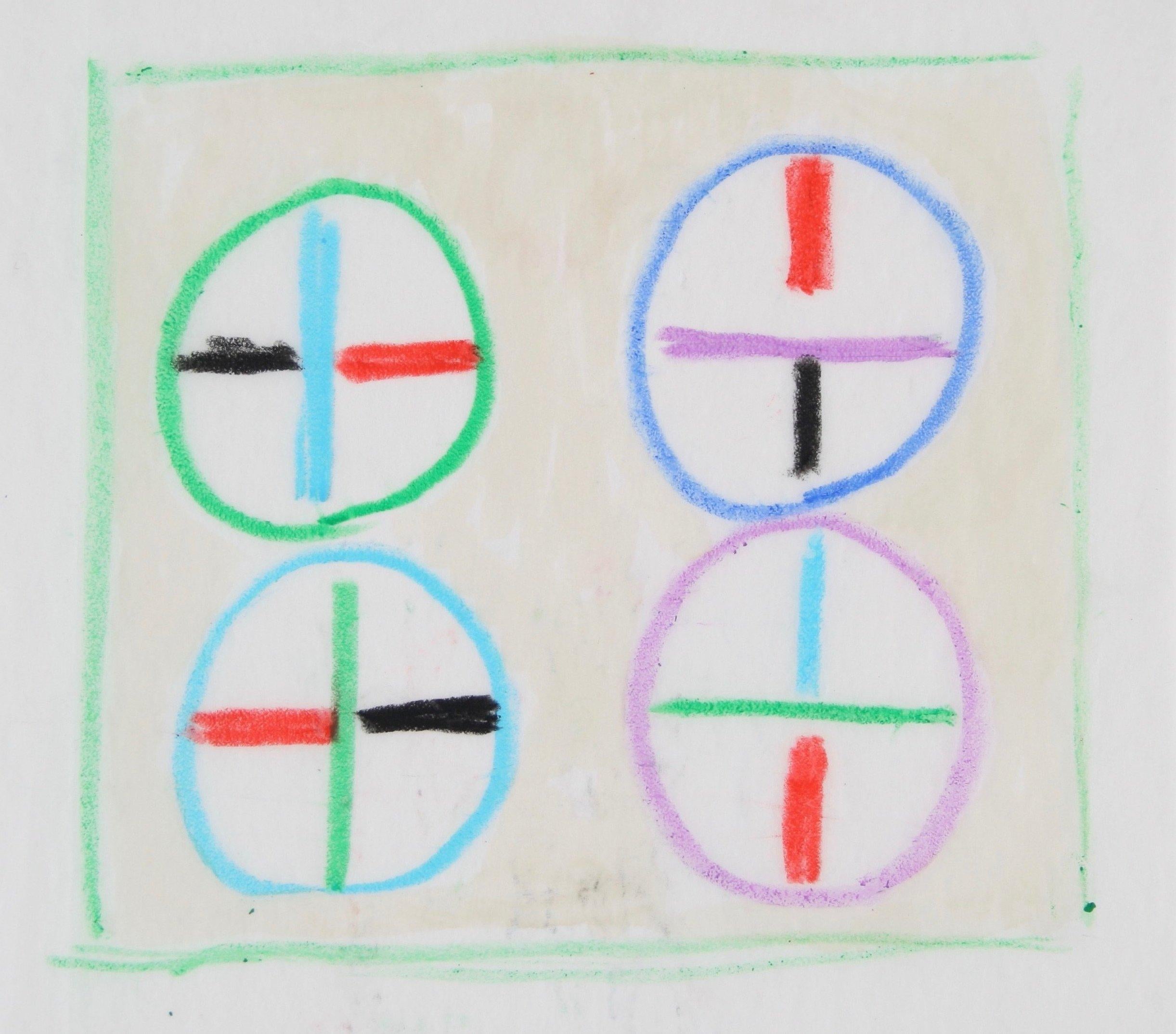 Colorful Circular Geometric Study Mid Century Oil Pastel - Art by Paul McCoy