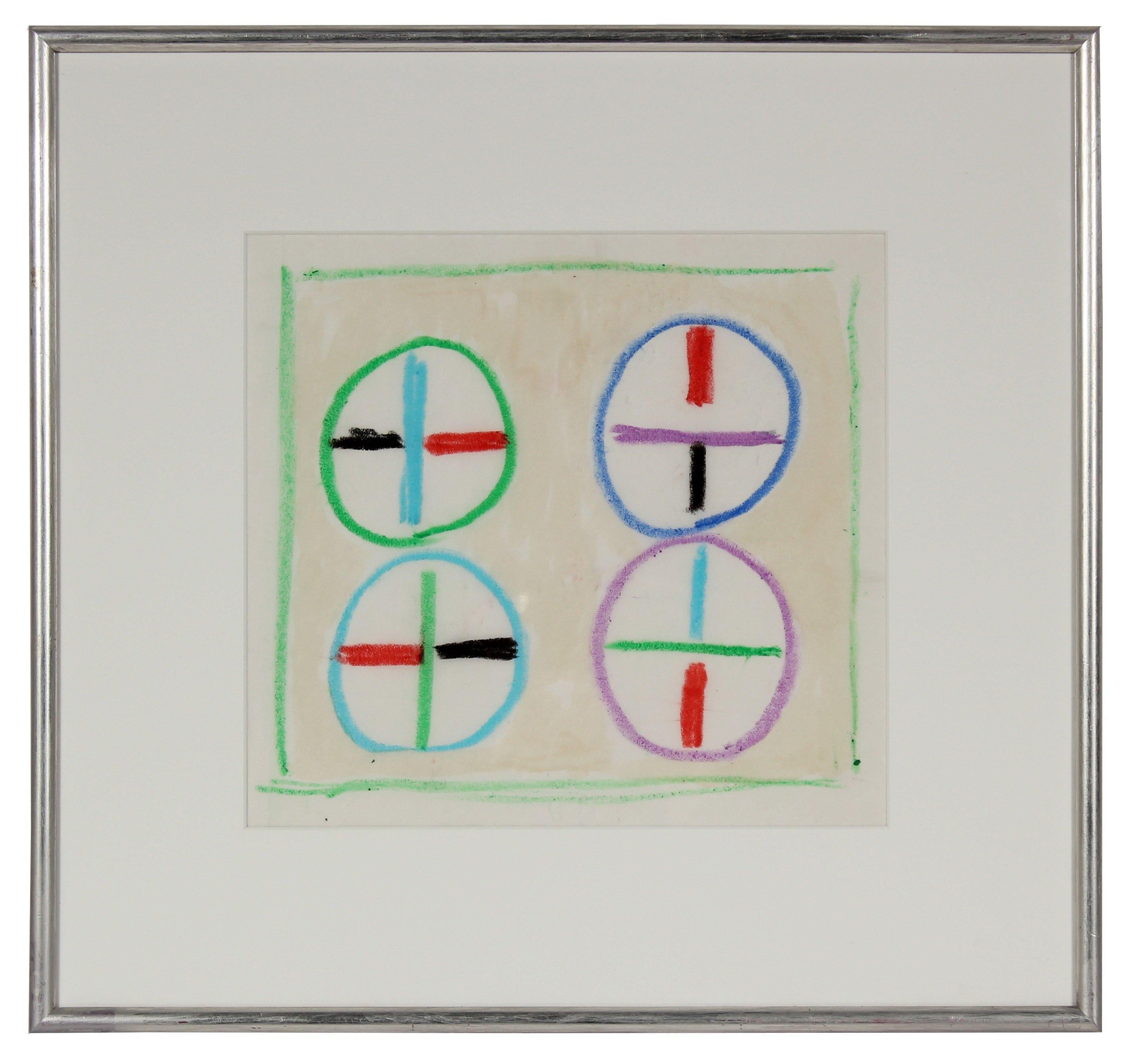 Paul McCoy Abstract Drawing - Colorful Circular Geometric Study Mid Century Oil Pastel