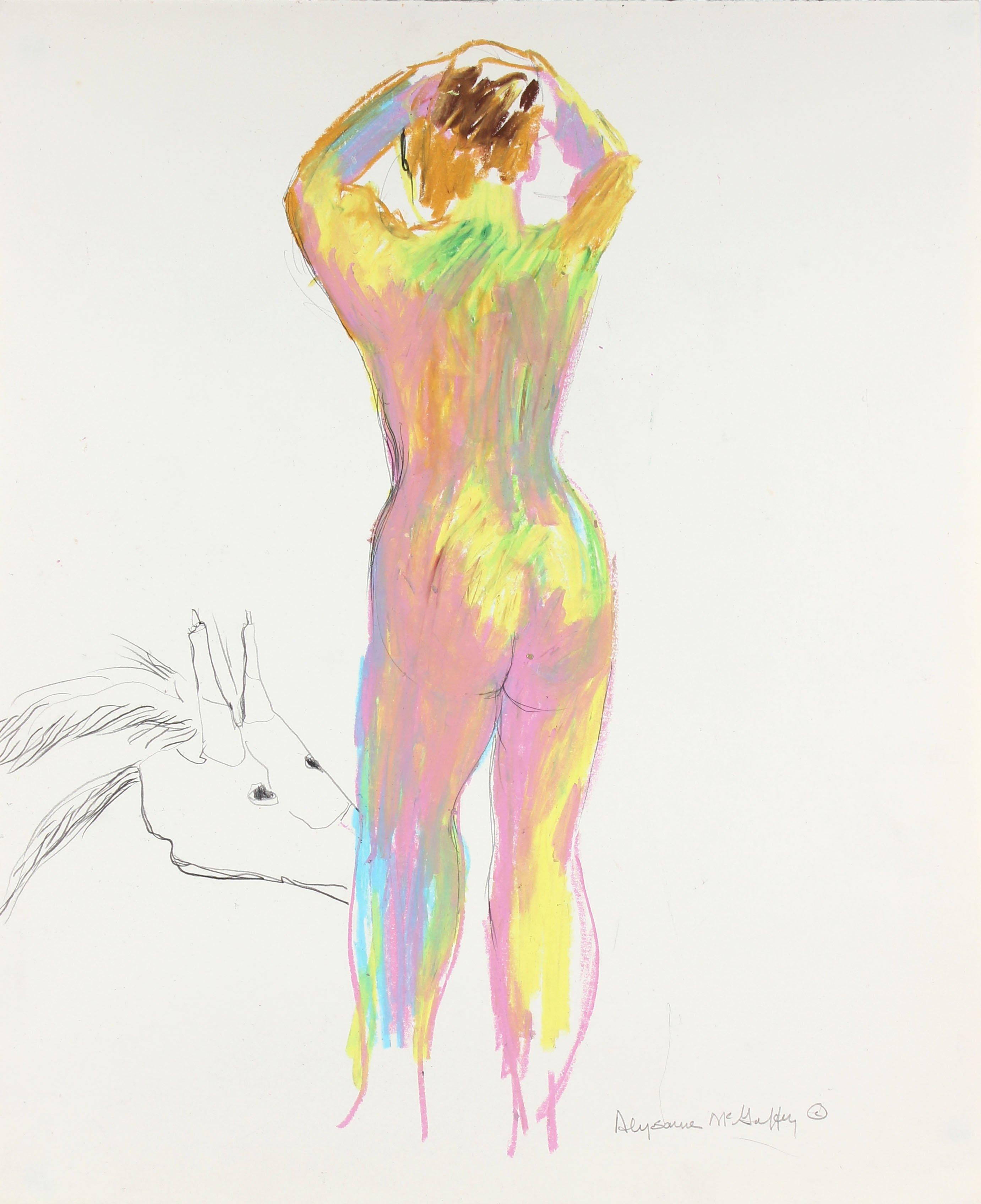 Colorful Standing Nude with Dragon 1950-60s Charcoal & Pastel - Art by Alysanne McGaffey