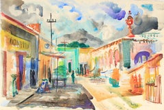 Bright Watercolor City Scene Mid 20th Century