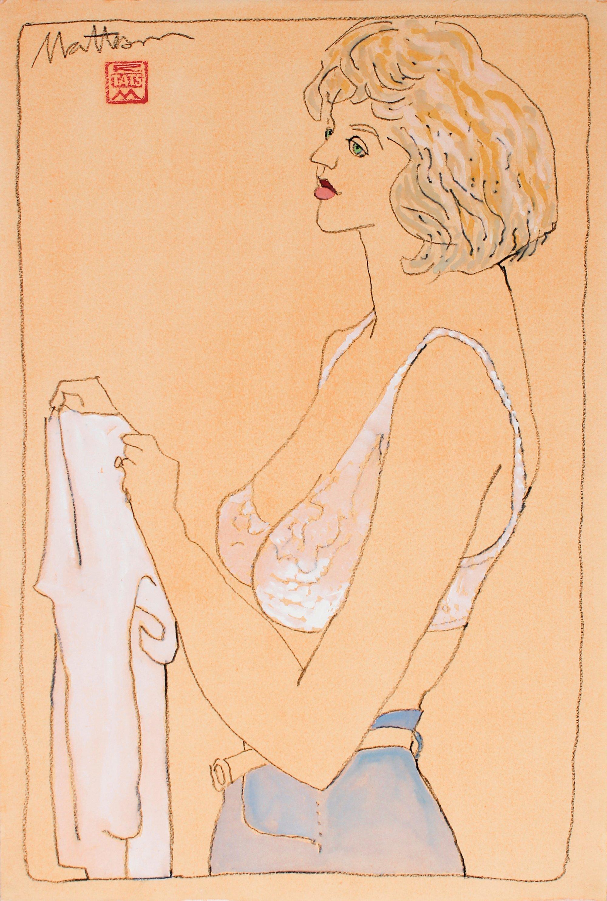 Rip Matteson Nude - Casual Female Figure 1993 Gouache & Charcoal Drawing