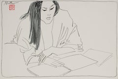 Female Figure Reading 20th Century Charcoal & Gouache