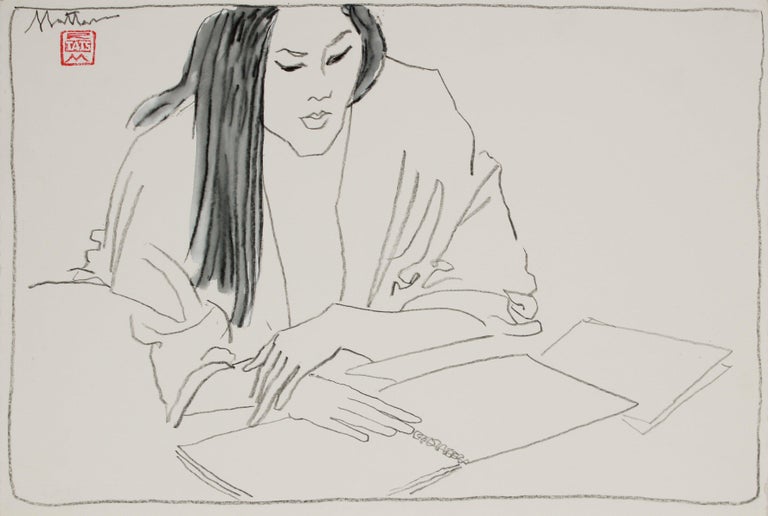 Rip Matteson Figurative Art - Female Figure Reading 20th Century Charcoal & Gouache