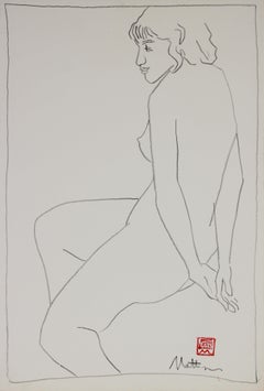 Vintage Minimal Seated Nude Drawing 20th Century Charcoal