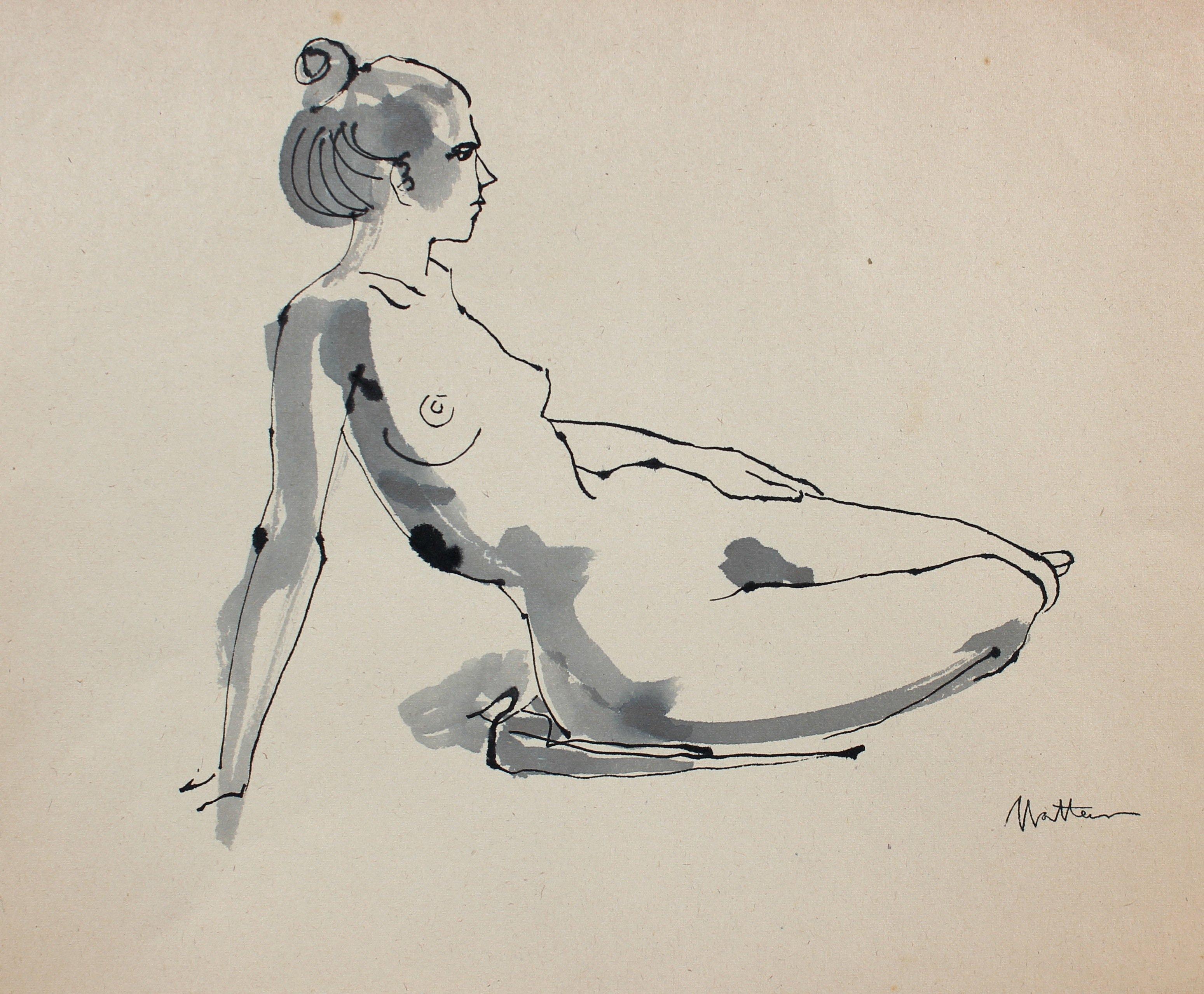 Reclining Nude Female Figure Study 20th Century Ink Drawing