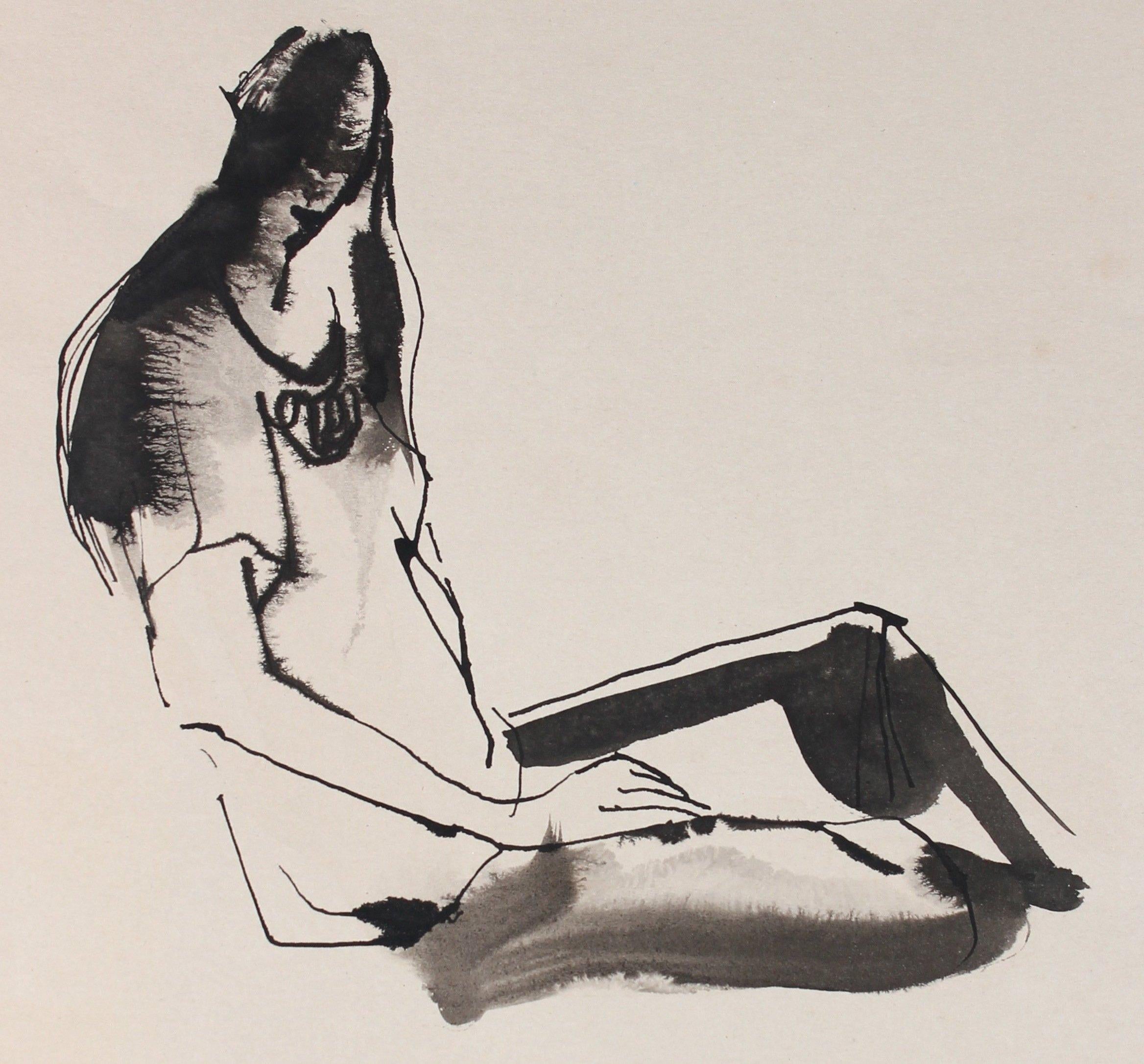 Abstracted Seated Figure Drawing 20th Century Ink and Ink Wash - Art by Rip Matteson