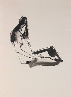 Abstracted Seated Figure Drawing 20th Century Ink and Ink Wash