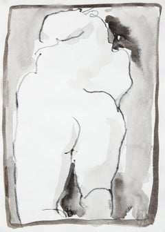 Vintage Abstracted Nude Figure Study 1995 Ink Wash and Colored Pencil