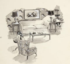Living Room Interior Mid Century Ink Drawing